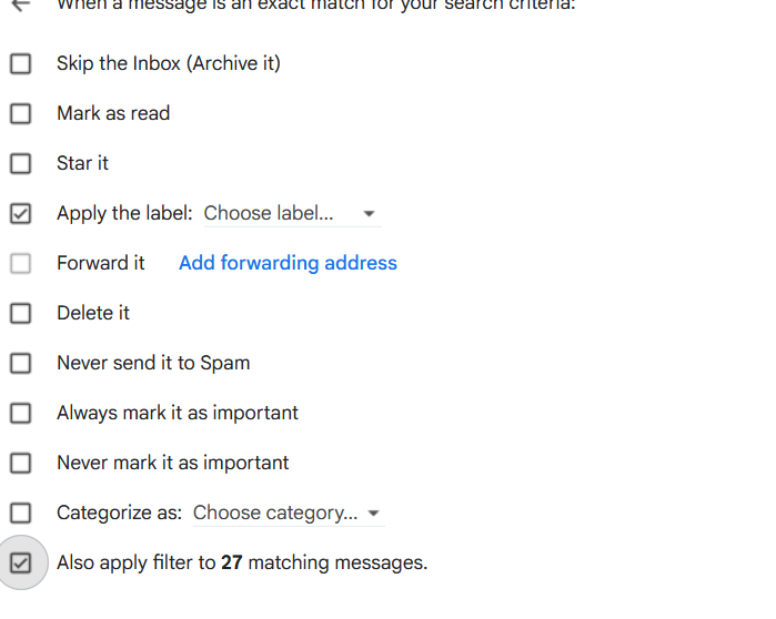 Image of the filter actions checkbox interface in Gmail. The boxes 'Apply the label' and 'Also apply filter to matching images' boxes are checked, all others are unchecked.